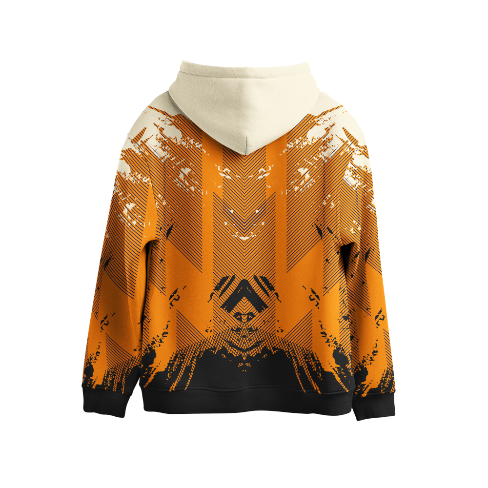 Orange and black patterned hoodie with white hood on a white background