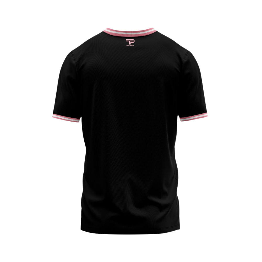 Black t-shirt with pink trim on a white background