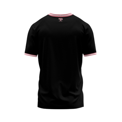 Black t-shirt with pink trim on a white background