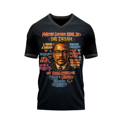 Black t-shirt with Martin Luther King Jr. graphic and text on a white background