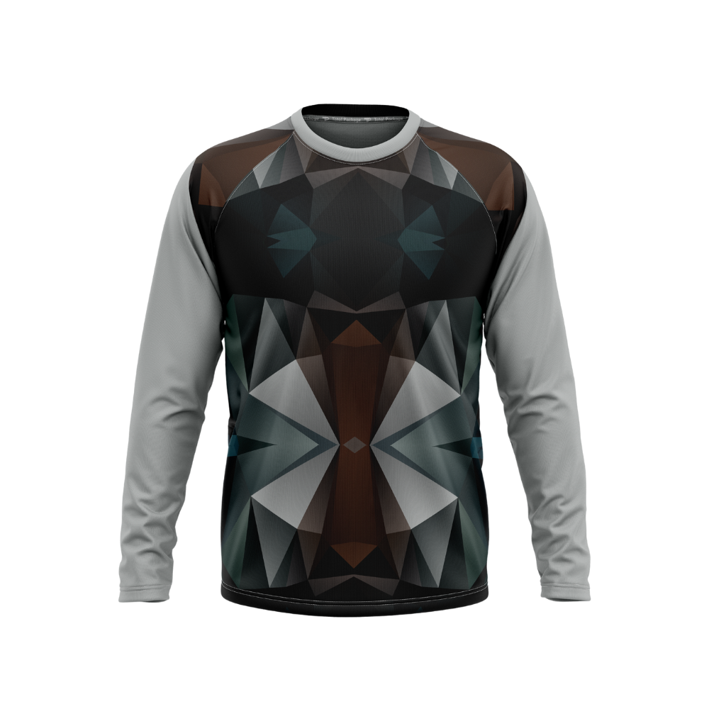Long-sleeve shirt with geometric pattern on a white background