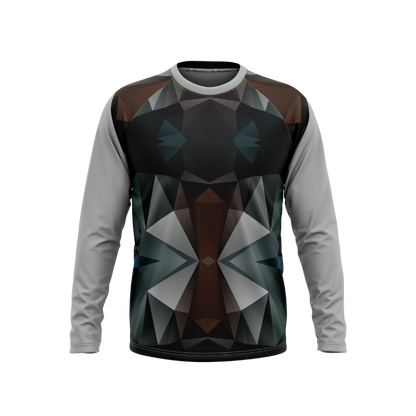 Long-sleeve shirt with geometric pattern on a white background