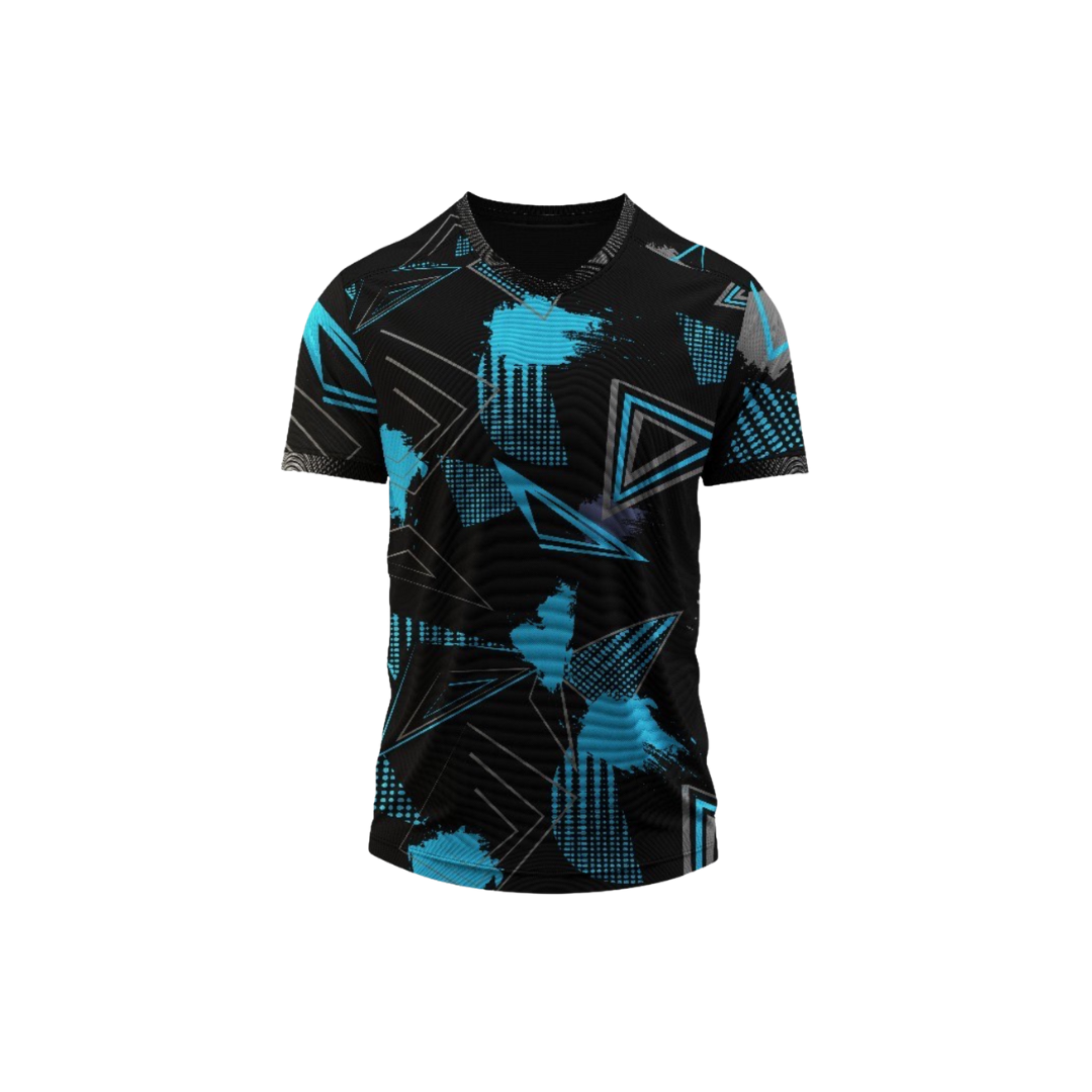 Black t-shirt with blue geometric pattern on a white background