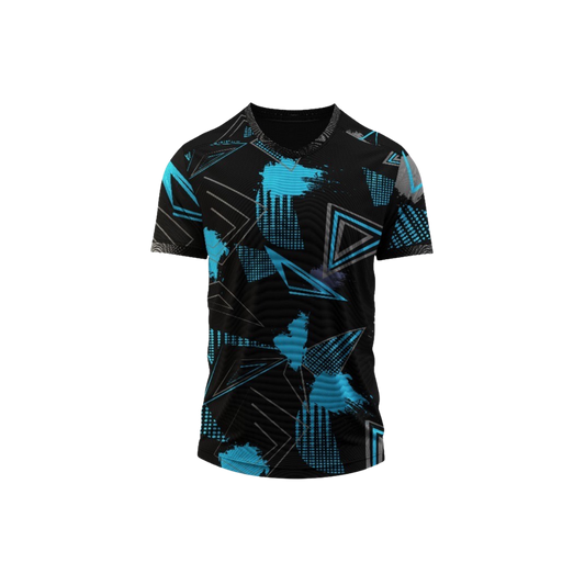 Black t-shirt with blue geometric pattern on a white background