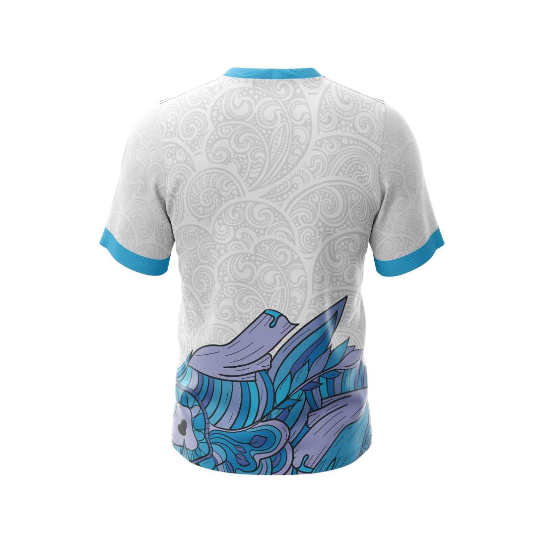 Polynesian Blue Tribe Jersey back view showcasing vibrant blue pattern.