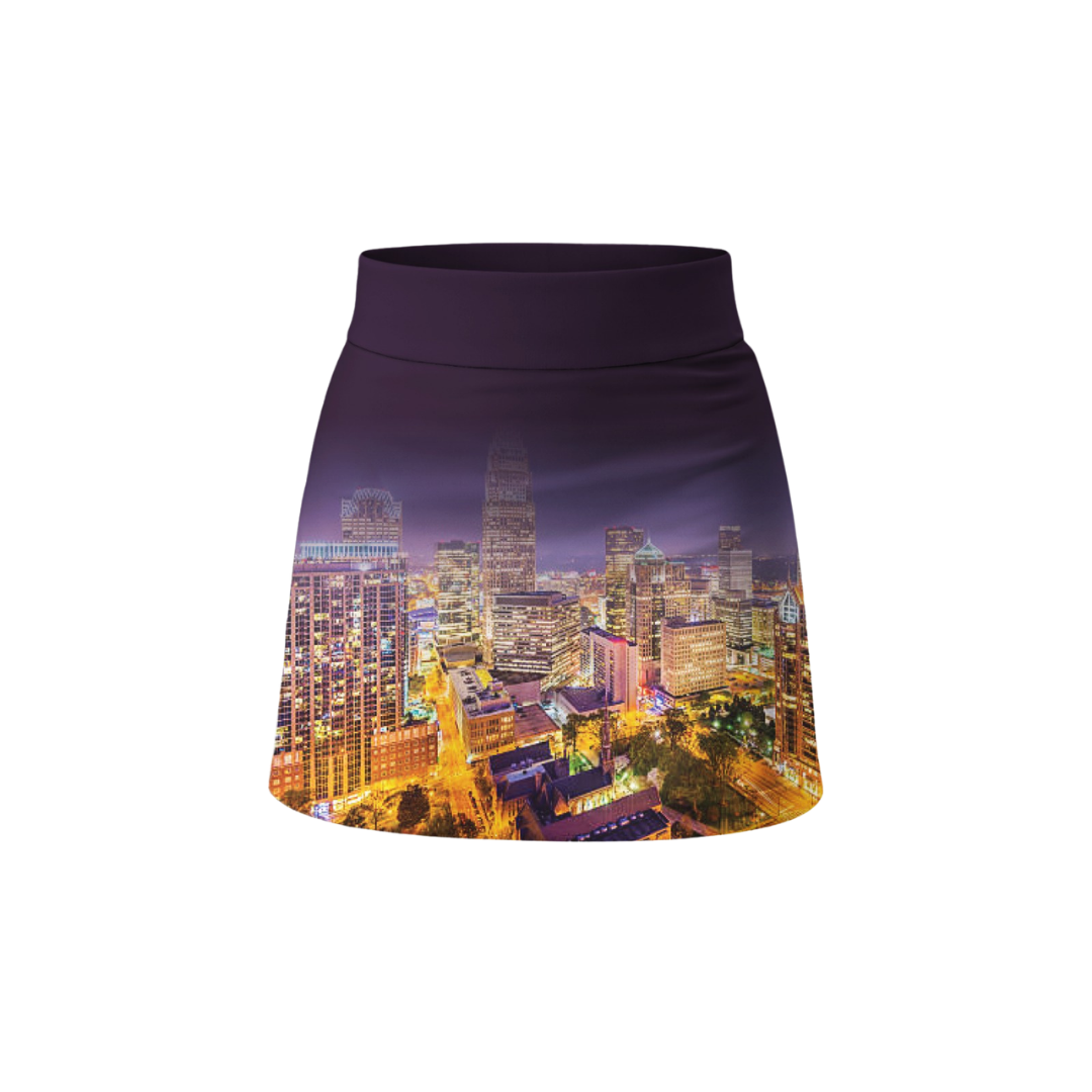 Mini skirt with cityscape design on a white background