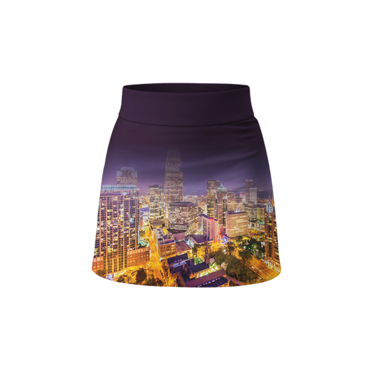 Mini skirt with cityscape design on a white background