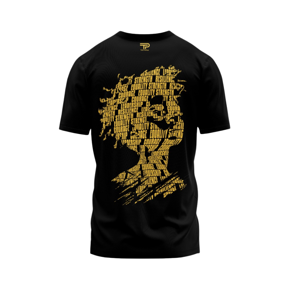 Black t-shirt with yellow graphic design on a white background