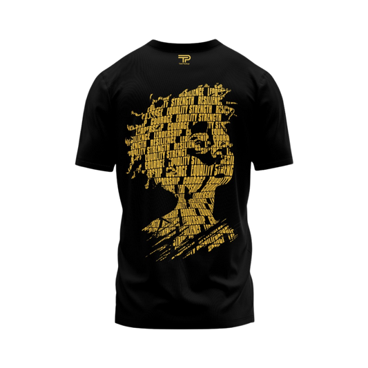 Black t-shirt with yellow graphic design on a white background