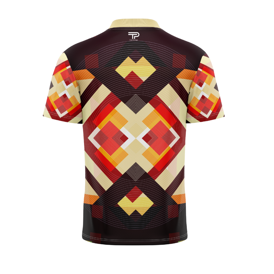 Colorful geometric patterned shirt on a white background