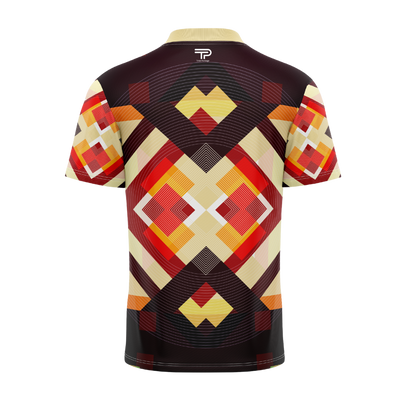 Colorful geometric patterned shirt on a white background