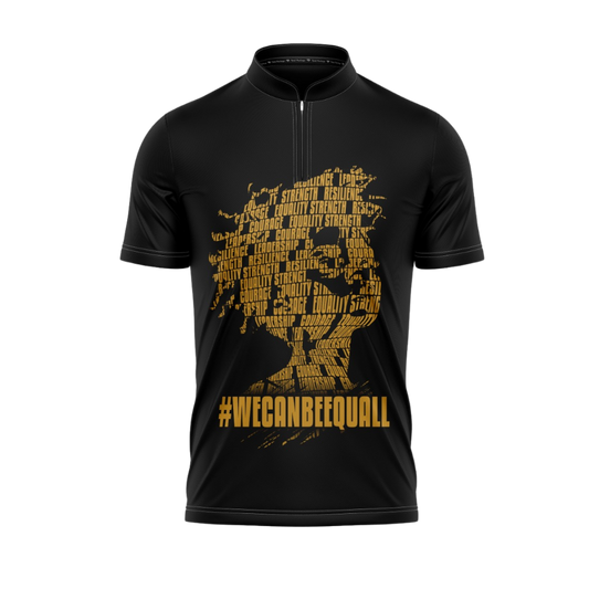 Black cycling jersey with gold graphic and text on a white background