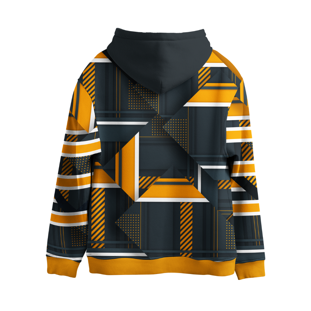 Hoodie with geometric pattern in black, yellow, and white on a white background