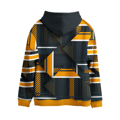 Hoodie with geometric pattern in black, yellow, and white on a white background