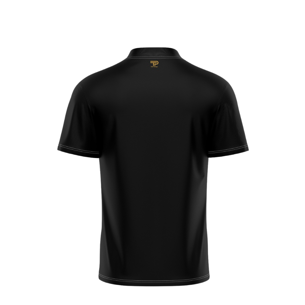 Black polo shirt with a logo on the chest against a white background