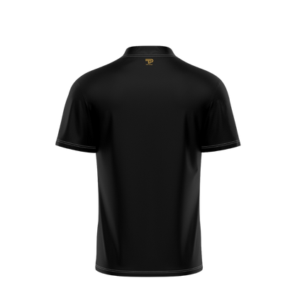 Black polo shirt with a logo on the chest against a white background