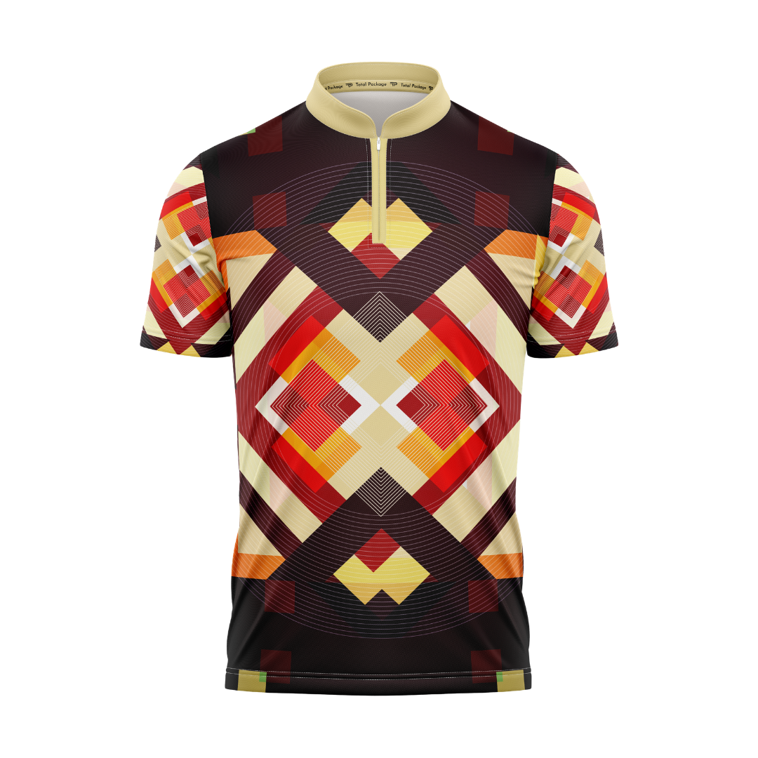 Colorful geometric patterned shirt on a white background