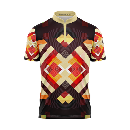 Colorful geometric patterned shirt on a white background