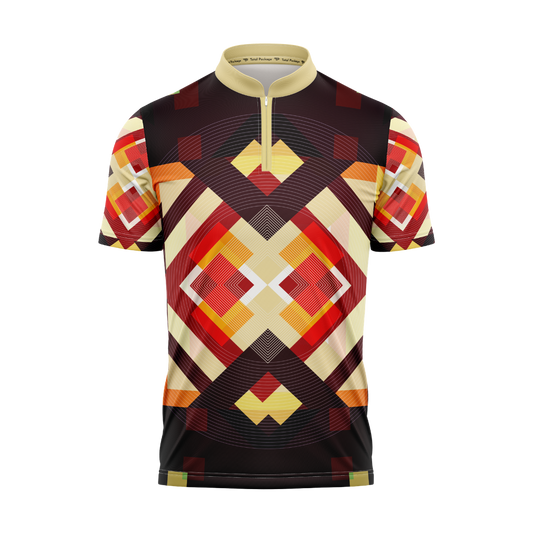 Colorful geometric patterned shirt on a white background