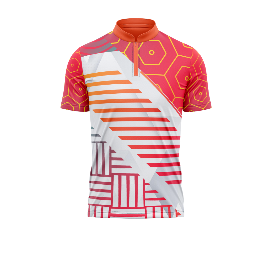 Colorful cycling jersey with geometric patterns on a white background