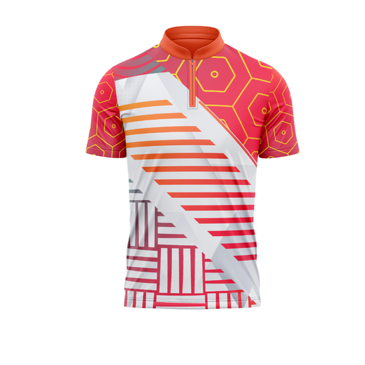 Colorful cycling jersey with geometric patterns on a white background