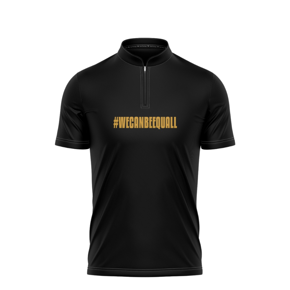 Black short-sleeve shirt with '#WECANBEEEQUAL' text on a white background