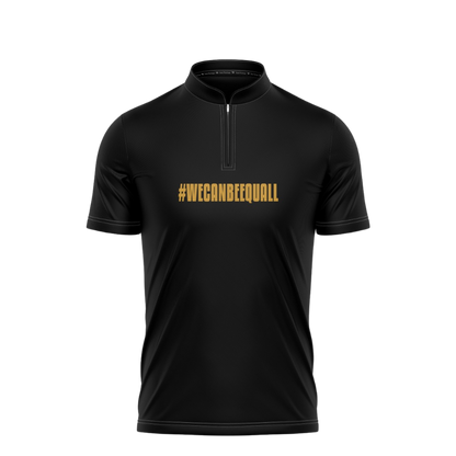 Black short-sleeve shirt with '#WECANBEEEQUAL' text on a white background