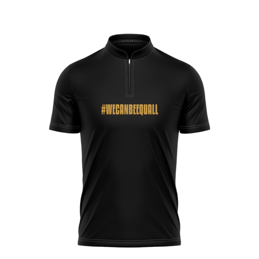 Black short-sleeve shirt with '#WECANBEEEQUAL' text on a white background