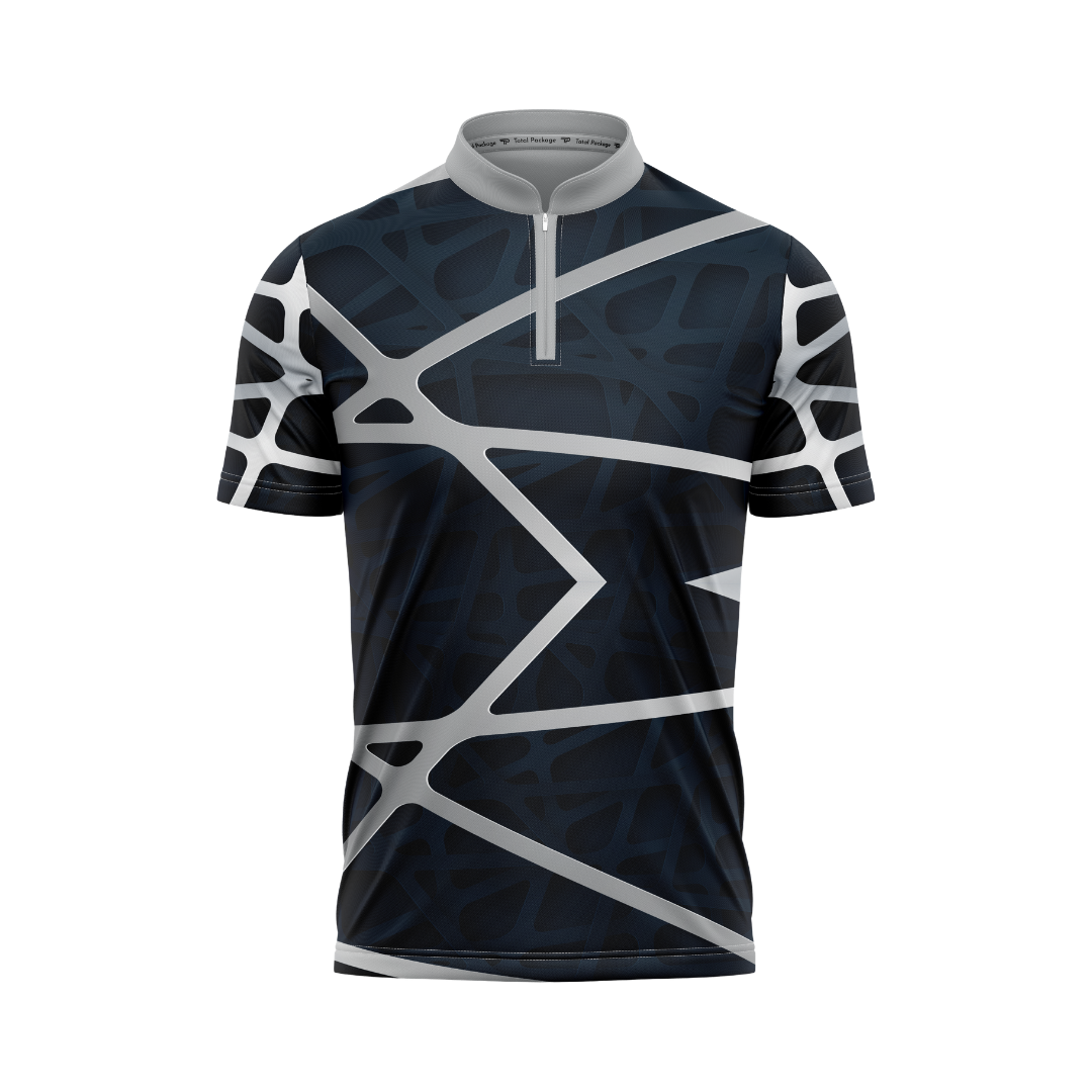 Cycling jersey with geometric pattern on a white background
