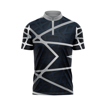 Cycling jersey with geometric pattern on a white background