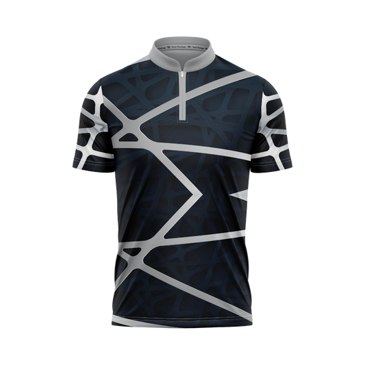 Cycling jersey with geometric pattern on a white background