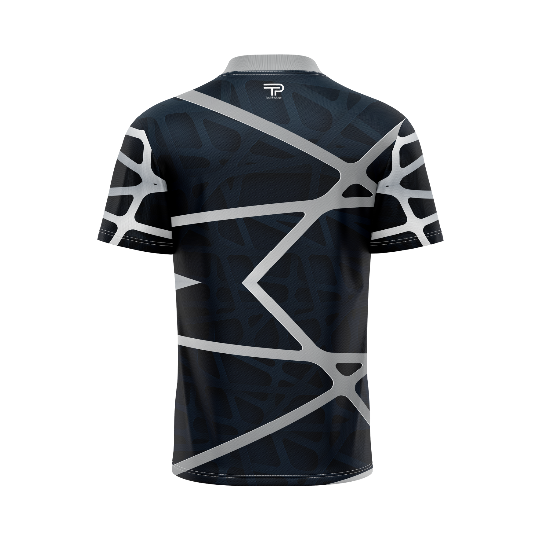 Black and gray geometric patterned shirt on a white background