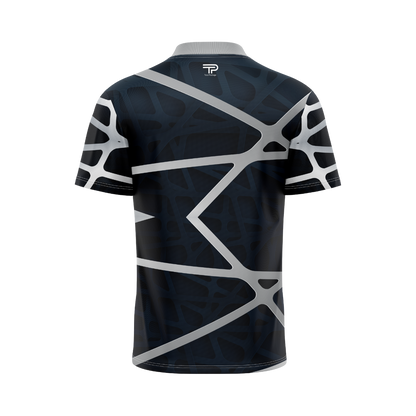 Black and gray geometric patterned shirt on a white background