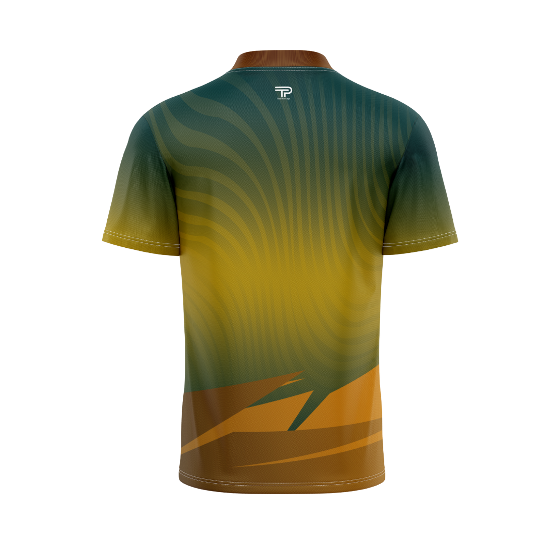 Green and yellow gradient polo shirt with a brand logo on a white background