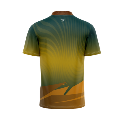 Green and yellow gradient polo shirt with a brand logo on a white background