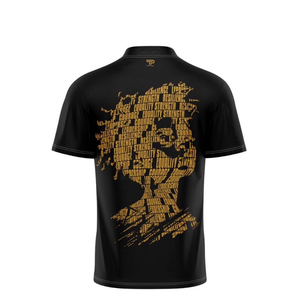 Black t-shirt with yellow graphic design on a white background