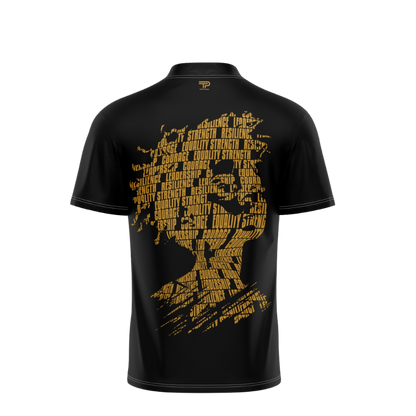 Black t-shirt with yellow graphic design on a white background