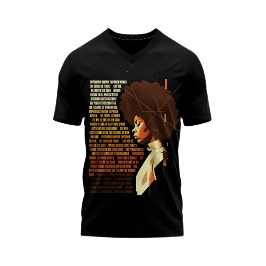 Black t-shirt with a graphic design of a person with text on a white background