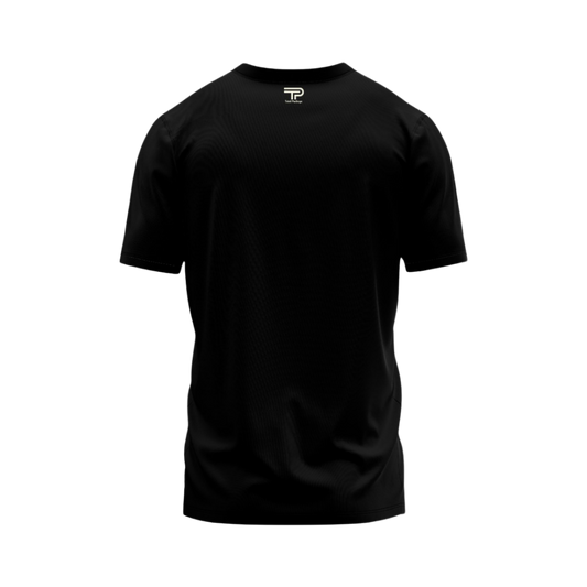 Black t-shirt with a logo on a white background