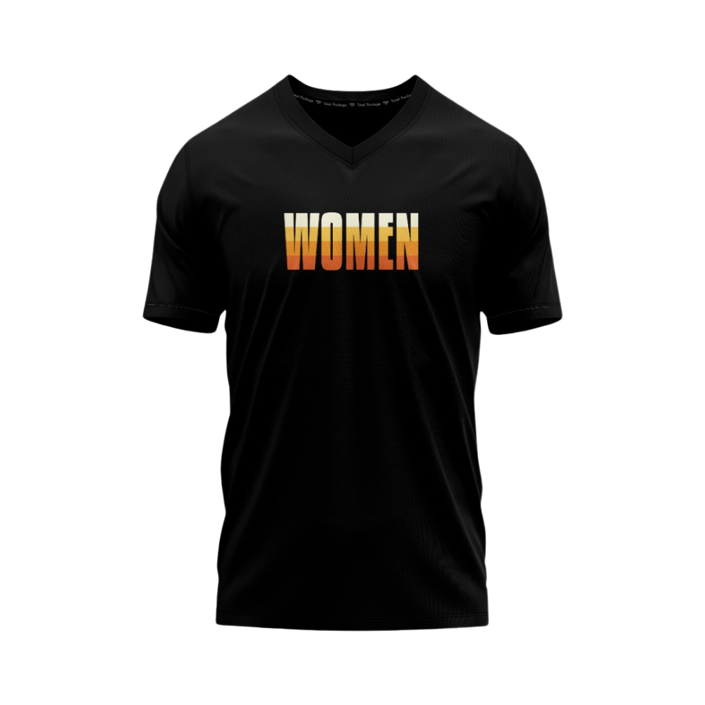 Black t-shirt with 'WOMEN' printed in orange and yellow on a white background