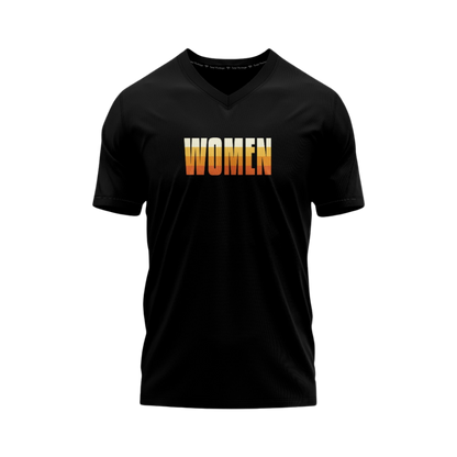 Black t-shirt with 'WOMEN' printed in orange and yellow on a white background