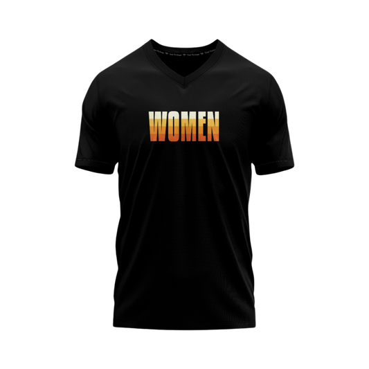 Black t-shirt with 'WOMEN' printed in orange and yellow on a white background