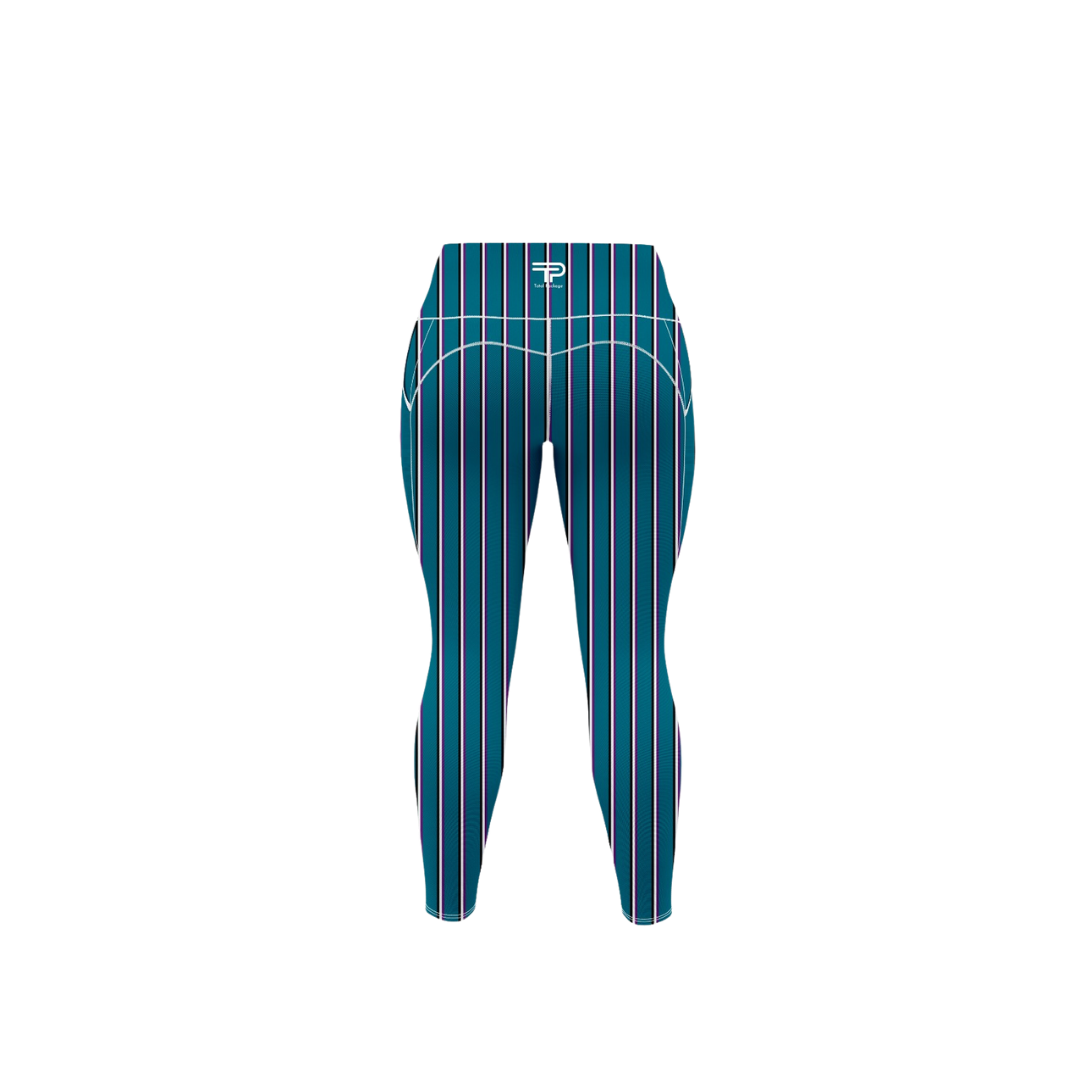 Teal and white striped pants on a white background