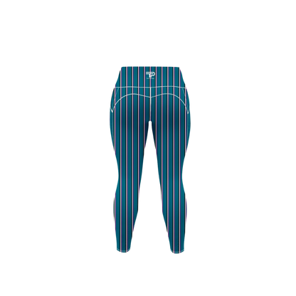 Teal and white striped pants on a white background