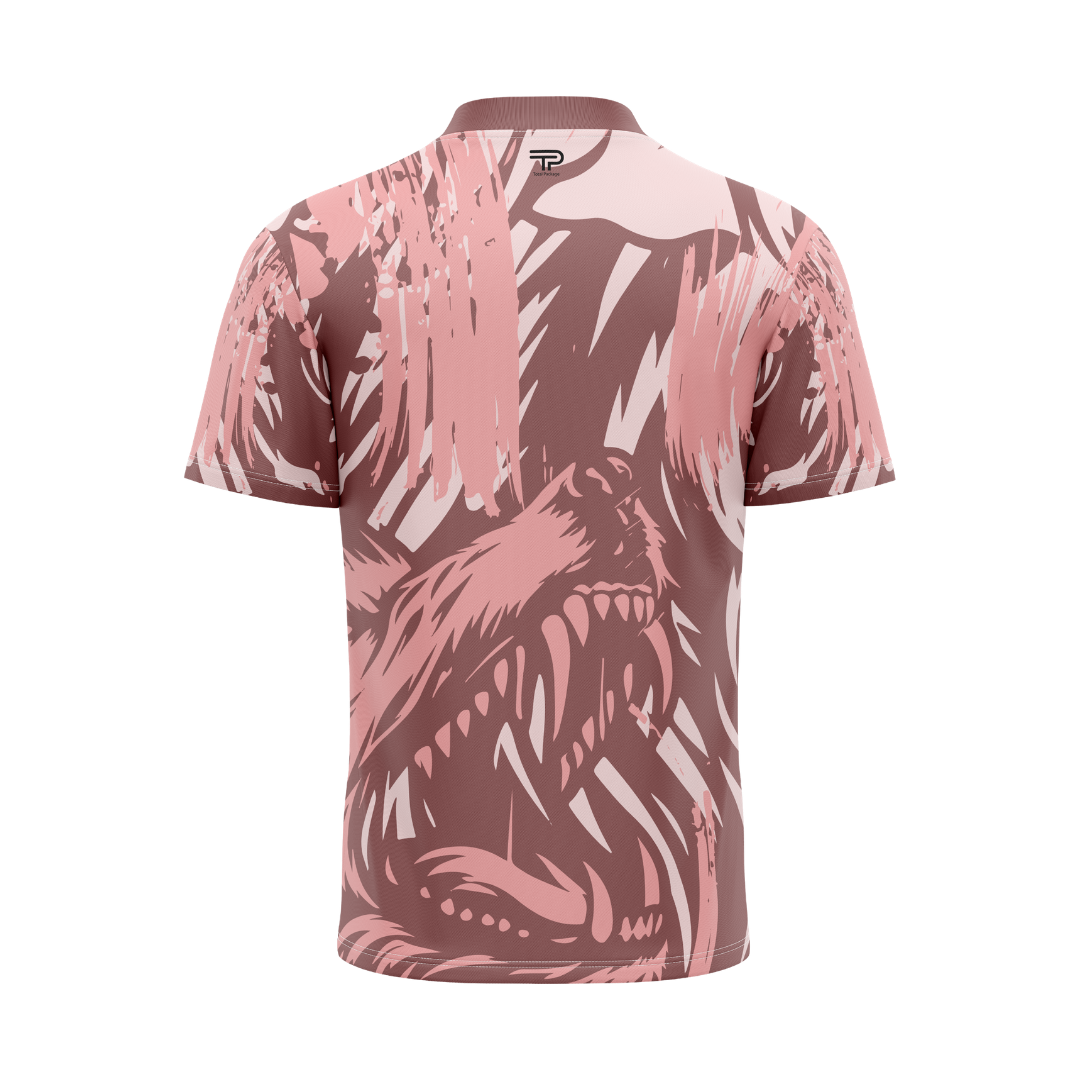 Pink and brown patterned polo shirt on a white background