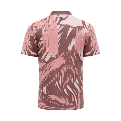 Pink and brown patterned polo shirt on a white background