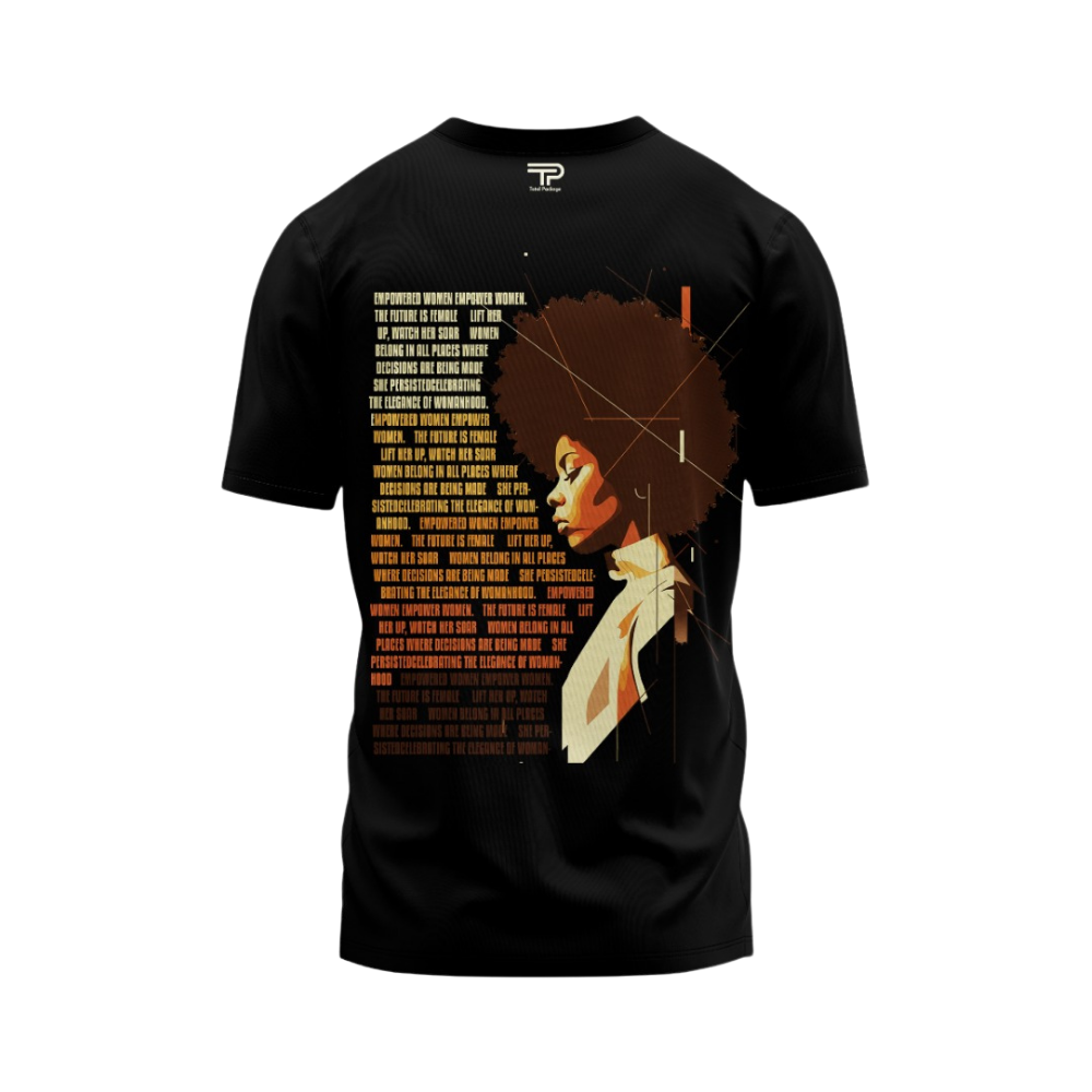 Black t-shirt with a graphic design of a person with an afro and text on a white background