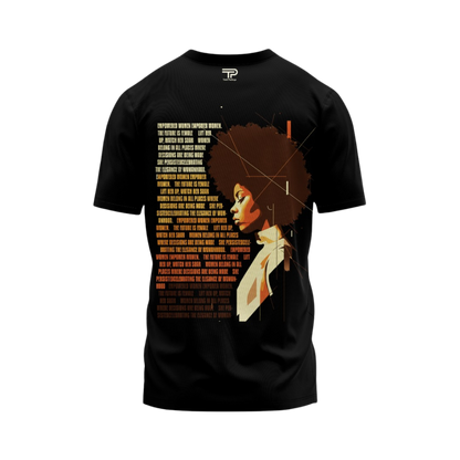 Black t-shirt with a graphic design of a person with an afro and text on a white background