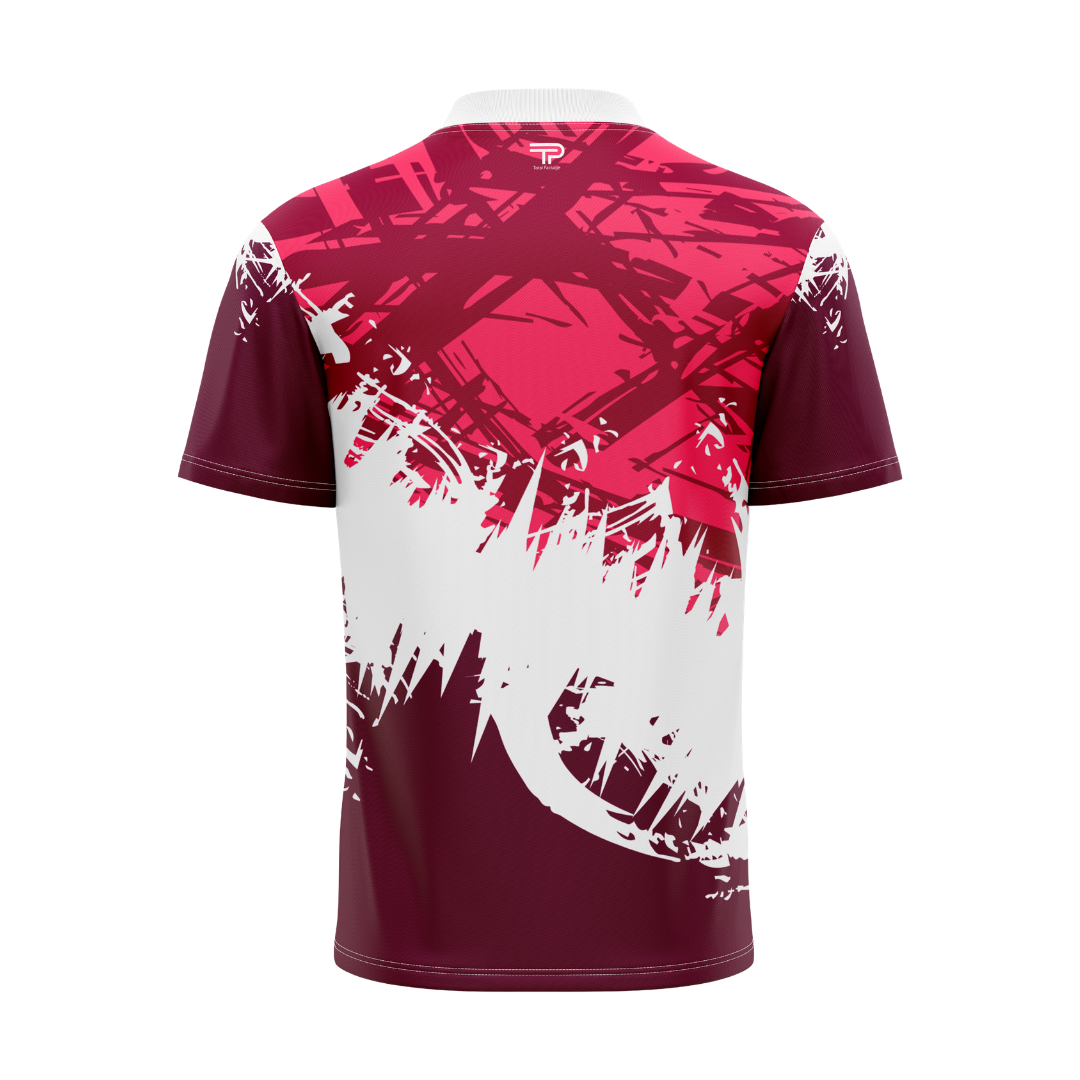 Maroon and white sports jersey with abstract design on a white background