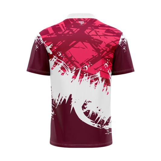 Maroon and white sports jersey with abstract design on a white background